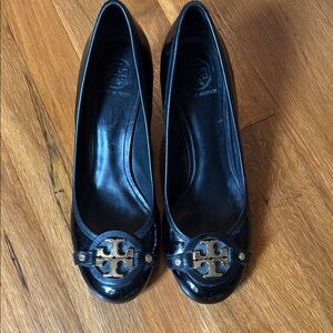 Tory Burch Black Patent Heels with Gold Logo